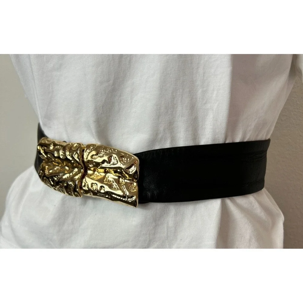 Vintage 90s REVCOR Modernist Textured Gold Clasp Black Leather Waist Belt Large